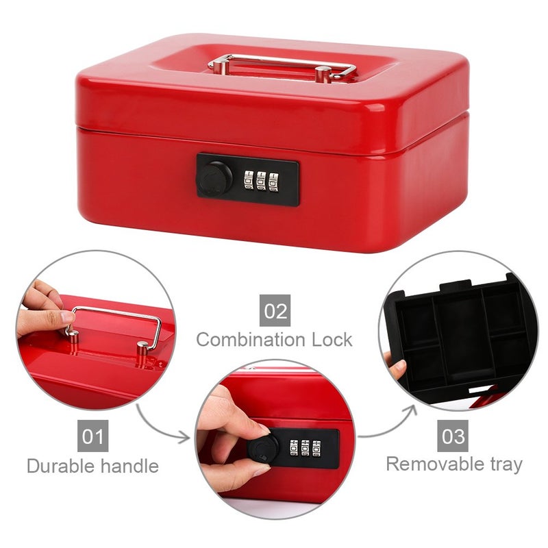 Decaller Cash Box with Combination Lock, Safe Metal Small Locking Box with Money Tray, 7 4/5" x 6 4/5" x 3 3/5", Red, QH2006S - Image 4